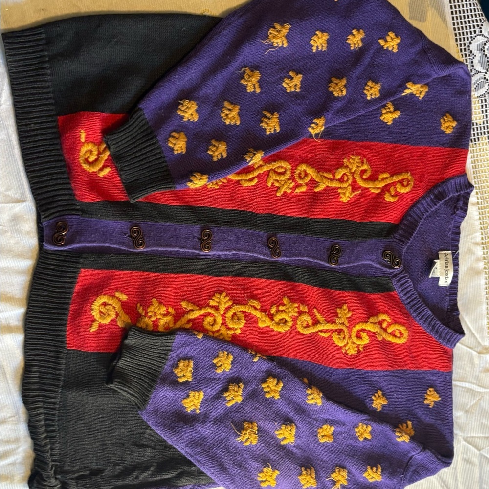 Vintage-Inspired Purple Red Black Knit Cardigan with Gold Embroidery